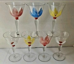 Vtg MCM Liqueur Cordial Glasses Floral Handpainted Tulips Glassware Lot READ