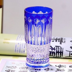Japanese Style Edo Kiriko Highball Glass Tumbler Hand Cut To Clear Blue 9oz