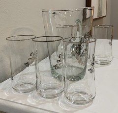 Vtg Silver 25th Anniversary Clear Glass Pitcher 6 Glasses Silver Accent Set Gift