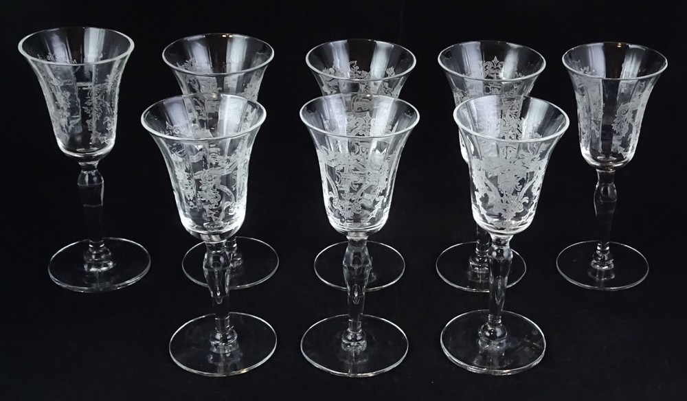 8 Morgantown (?) Elegant Glass Cordials Etched Optic Bowls