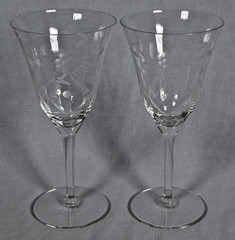 Set of (2) Vintage Etched Frosted Paneled Crystal Wine Glasses / Water Goblets