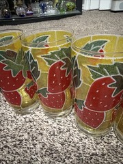 Set of 4 Vtg Libby Strawberry Textured Stained Glass Look Drinking Glass 5 1/2″