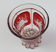 19thC. Bohemian German Engraved 3 Panel Beaker Twins Birthday Antique Ruby Glass