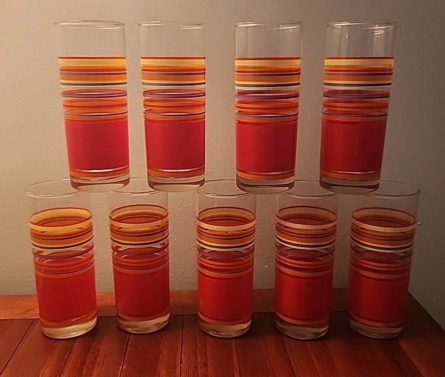 Libbey Mambo Fiesta Striped Orange Yellow Blue 9-Tumblers Near Mint HTF 70’s EUC