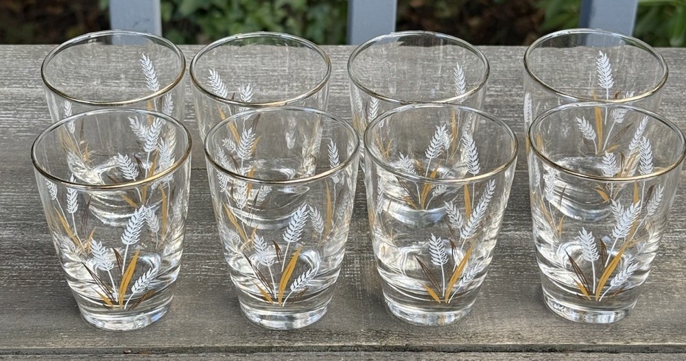 Vintage Libbey Gold Wheat Leaf Spray Glasses – Set of 8 MCM Gold-Rim Tumblers