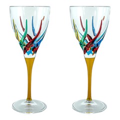 Pair of Murano Wine Glasses Hand Painted Multi Yellow Stem Venice Italy