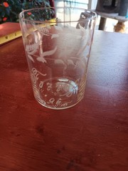 ANTIQUE 1896 HAND BLOWN ETCHED GLASS TUMBLER MONOGRAM » FOZZEST ’96» # 2143