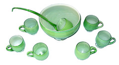 Murano Carlo Moretti 8 Pc Punch Bowl Set, Green & White Cased Glass OOAK, Italy