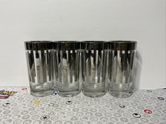Vtg Set of 4 Dorothy Thorpe Style Silver Striped 5.5″ Highball Drinking Glasses