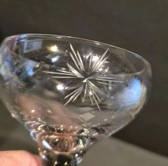 4-Vintage Fostoria Etched Starburst or Atomic Design Champagne Coupe Glasses