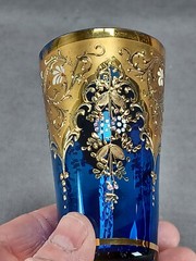 Bohemian Moser Type Hand Enameled Floral & Gold Scrollwork Cobalt Juice Glass B