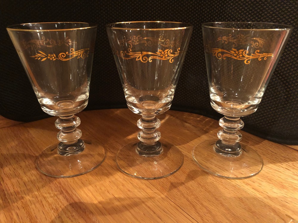 Lifetime Gold Crown Wine Goblets Glasses Beaded Stem Barware Gold Trim S3 ~ RARE