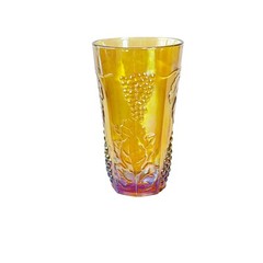 Set of 2 Carnival Drinking Glasses Fall Harvest Iridescent Amber Grape Vtg 7″