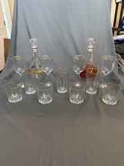 13 Pc Vintage F&P Italy Gold Rim Barware Set Mixed Glasses & Decanters