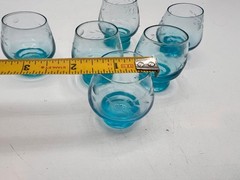 set of 6 blue tinted cordial glasses with etched wheat pattern
