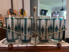 Vintage Libbey Emerald Diamond Highball Glasses Set of 8 w Brass Toned Caddy MCM