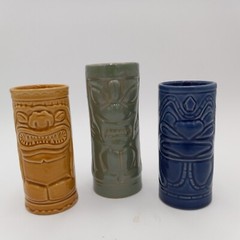 Three Tiki Polynesian Ceramic Totem Tumblers Vintage Barware Blue Gold Green
