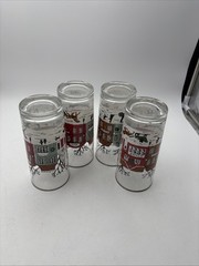 SET OF 4 LIBBEY WINTER VILLAGE SNOW SCENE GLASS TUMBLERS Gold Trim 6.25” EUC