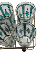 Vtg 60s MCM Green Gold Diamind Pattern Set 8 Drinking Glasses Tumblers W/ Caddy