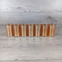 Vintage JEANETTE CARNIVAL Glass Iridescent Swirl 5″ Tumblers Peach Set of 7