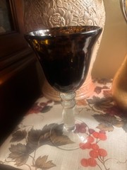 Vintage Hand-Blown Tortoiseshell Art Glass Goblet – 7.5” – Amber & Dark Spots