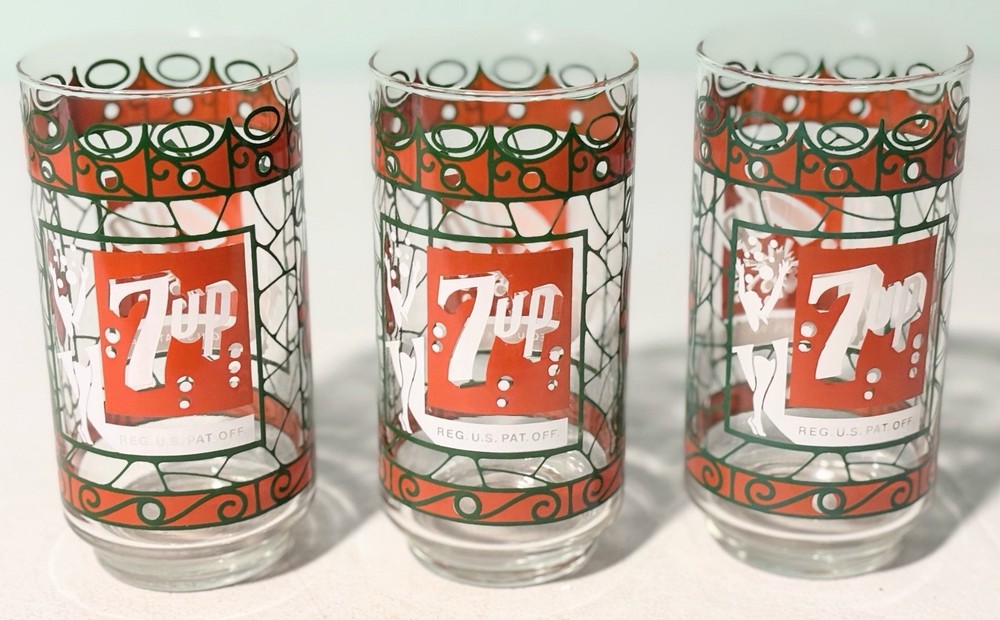 Set Of 3 Vintage Mid Century Libbey 7-Up Red & Green Glass Tumbler