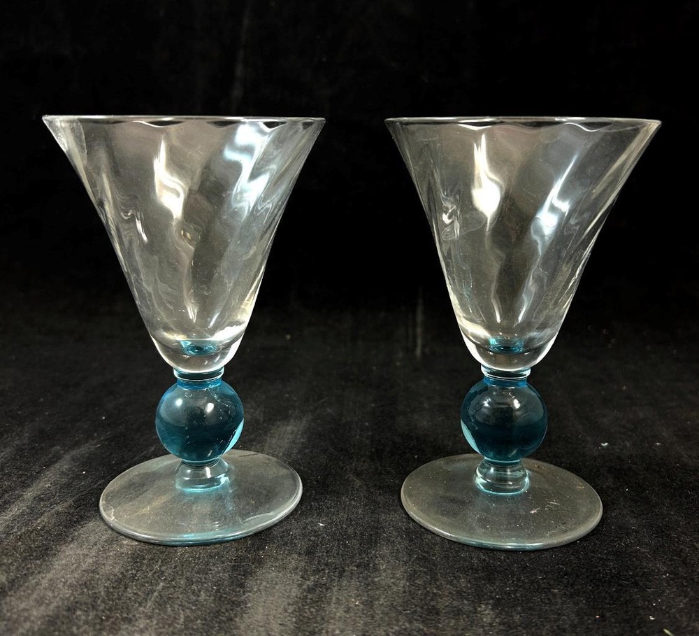 Bryce Glass Apollo Cerulean Pair of Claret Wine Glasses Blue Stem Swirl Optic