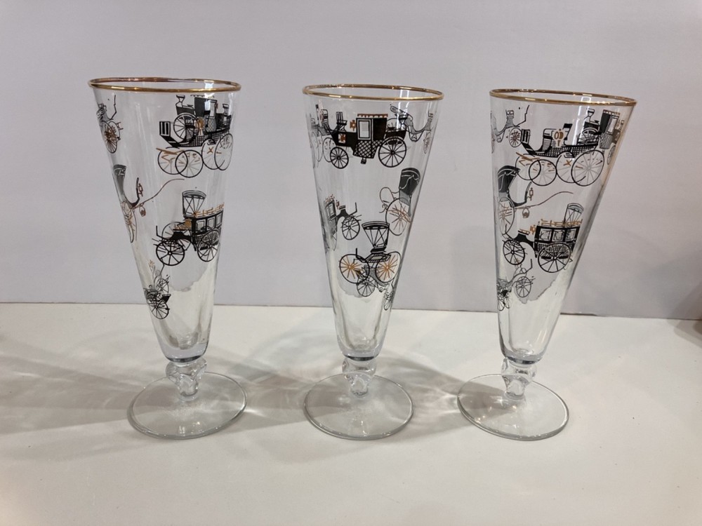 Vintage Libbey Horse Carriage Pilsner Glasses Gold Rim MCM Barware 1950s 3 Set