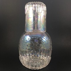 Iridescent Clear Glass Tumble Up with Raised Floral Medallion Ribbed Pattern