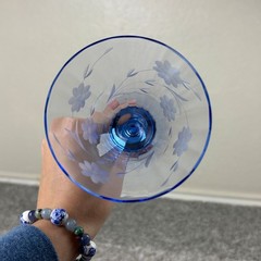 Vintage Elegant Blue Glass Water Goblet Paneled Etched Floral Stemware Set of 2