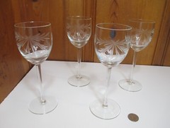 Set of 4 Clear Crystal 6oz Wine Glass Etched Cut Frosted Floral Spray Long Stem