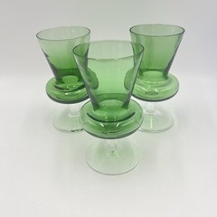 Set of 3 Vintage Mid-Century Modern Green Stemmed Glasses – Hand Blown Art Glass