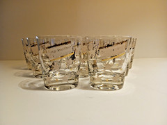 Vintage Set Of 9 «Pour Another For» Gold Stars Lowball Cocktail Glasses MCM Bar