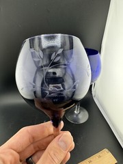 Pair Of Floral Etched Glasses 8 1/2” Two Tone Blue See Photos