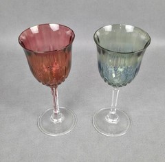 2 Wine Goblets Cranberry & Green Iridescent Glass Diamond Criss Cross Pattern