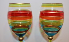 Festive Stripe Tall Stemmed Wine Glasses Goblets 9″ Gold Rim Hand Painted