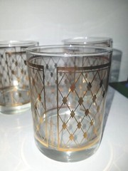 Set of 4 Georges Briard Double Old Fashioned Glass Gold Lattice Diamond Pattern