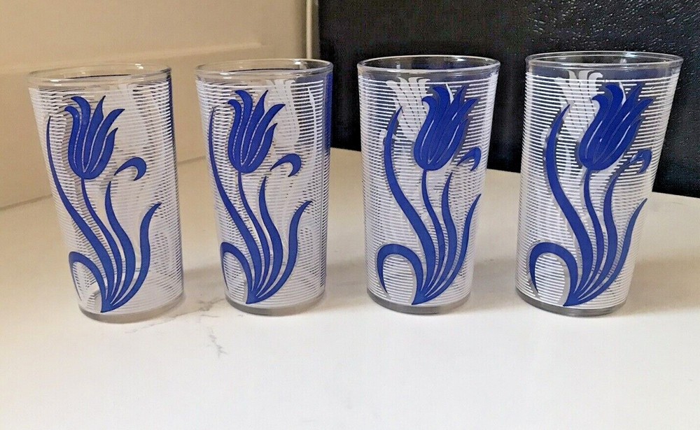 Federal Glass USA Mid Century 8 Oz Glasses Retro Blue & White Tulips MINT
