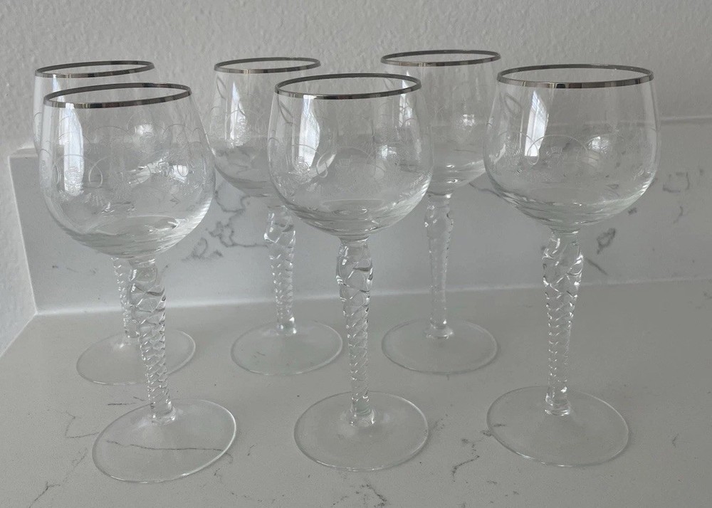 Vintage Etched Twisted Stem Silver Rim Liqueur Wine Glasses (set of 6)