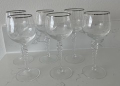 Vintage Etched Twisted Stem Silver Rim Liqueur Wine Glasses (set of 6)