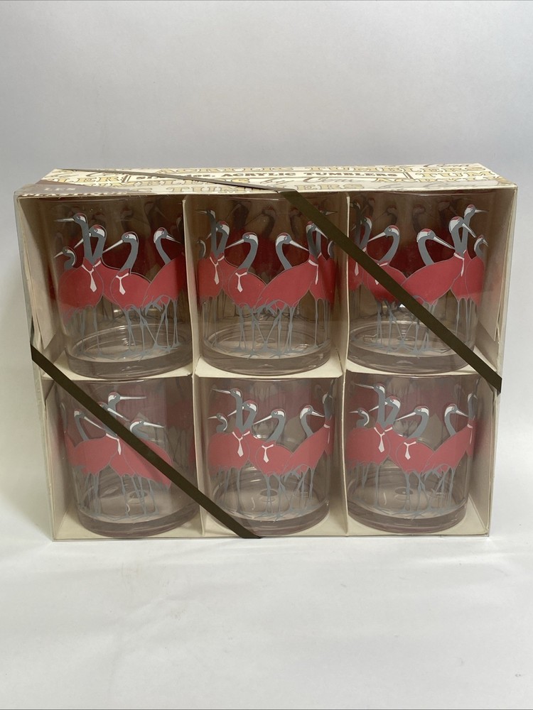 Vintage New! Rare CERA Cranes In White Ties Set Of 6 MCM Cocktail Tumblers