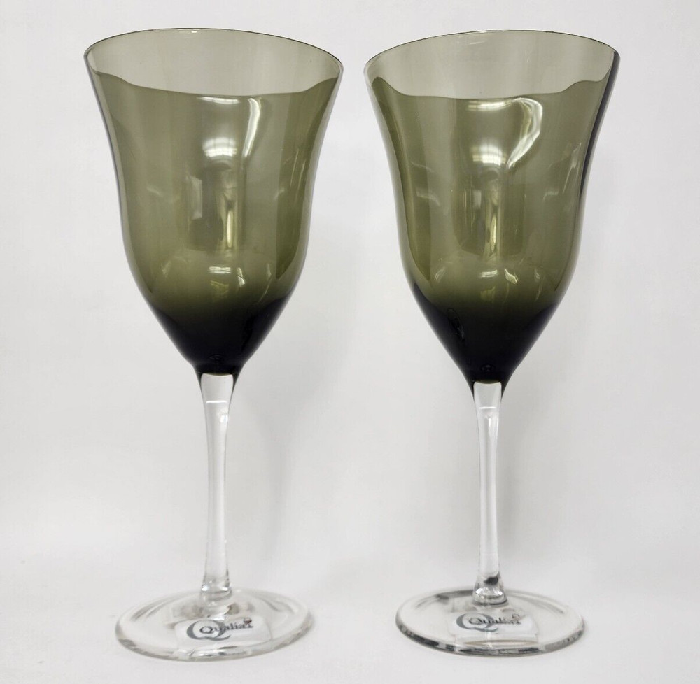 Qualia Crystal Glassware Meridian Goblet Set of 2 Glasses, Black Smoky Finish