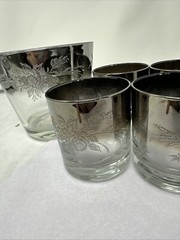 Vintage MCM Queen’s Lustreware 4 Lowball Glasses & Ice Bucket Silver Fade