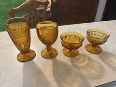 Amber Glass Floral Pattern Glassware Set – Goblets, Tall Tumblers & Dessert Cups
