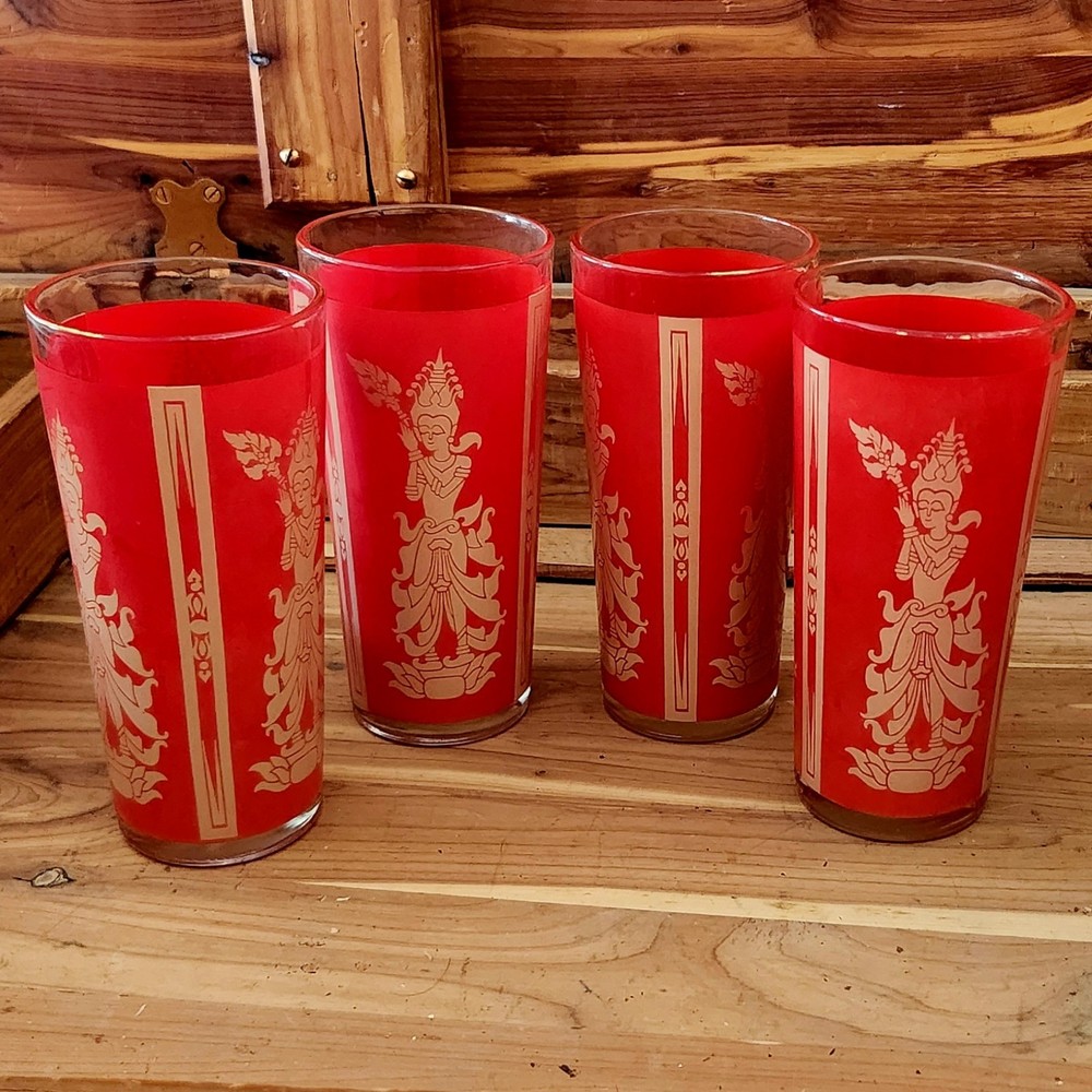 4 Vintage Culver Red Siam Thai Hindu Goddess High Ball Glasses Tumblers 1960s