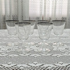 6 VTG Glass Wine Goblet Crystal Glasses Stemware Platinum Silver Rim France MCM