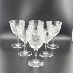 Etched Wheat Wine Glasses Set Of 6 Vintage Mid-Century Clear Glass Stemware
