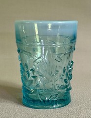 Antique Fenton Blue Opalescent Glass Tumbler ‘Waterlily & Cattail’ Pattern