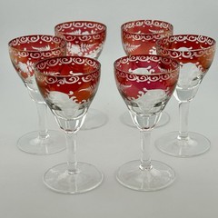 Bohemian Ruby-Flashed Etched Floral Cordial Glasses Set/6 4⅛″ 1900s–20s Antique