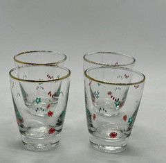 VTG Libbey Juice Glasses 3.5” Set of 4 Gold Rim Beach Blue Star MCM Retro Cute